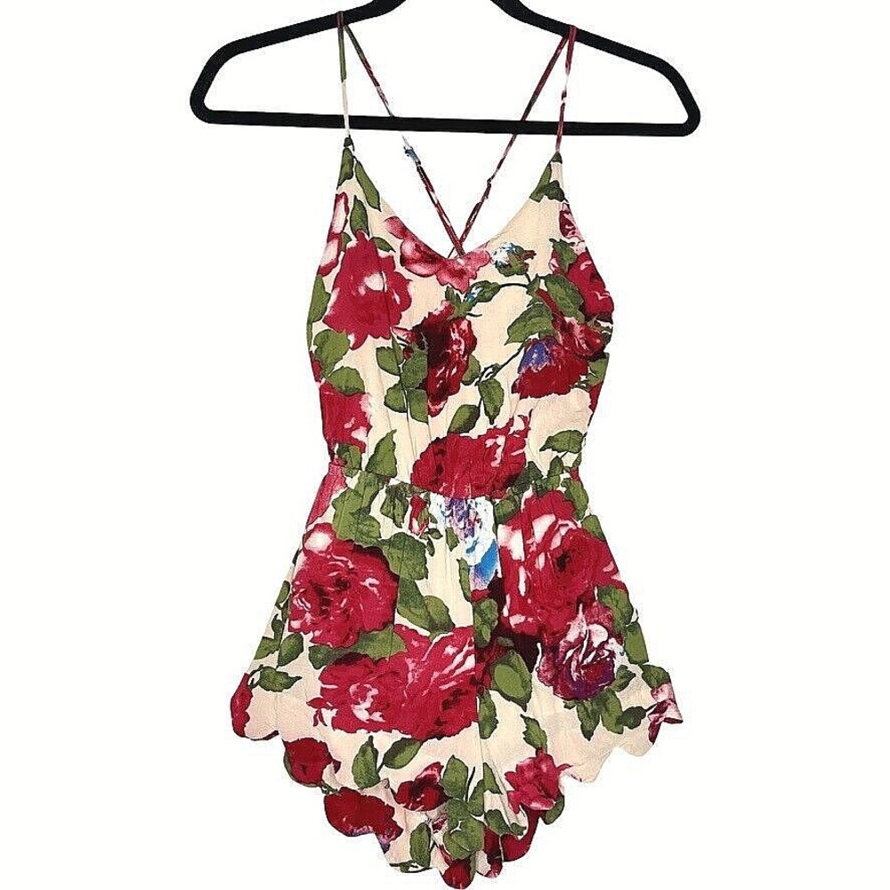 Cotton Candy LA Womens Romper XS Rayon Red Rose Floral Strappy Lined Scalloped